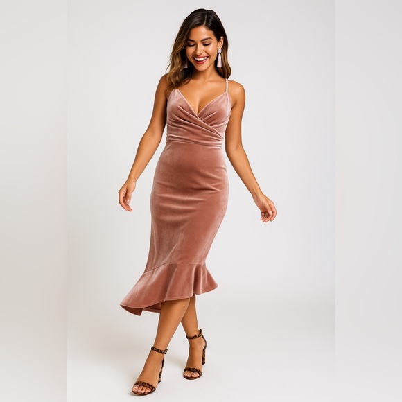 ASOS DESIGN Velvet Cami Peplum Midi Dress Champagne Size 12 Blush Pink - Picture 1 of 8